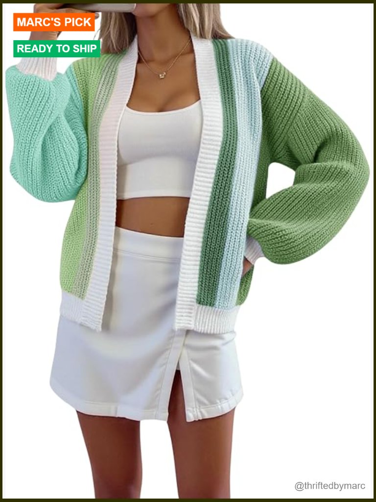 Chunky Knit Open Front Color Block Long Sleeve Cropped Cardigan